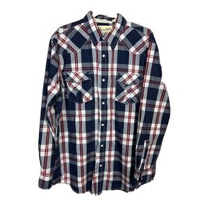Coastal Plaid long sleeve button up pearl snap shirt, blue red white,‎ sz XL